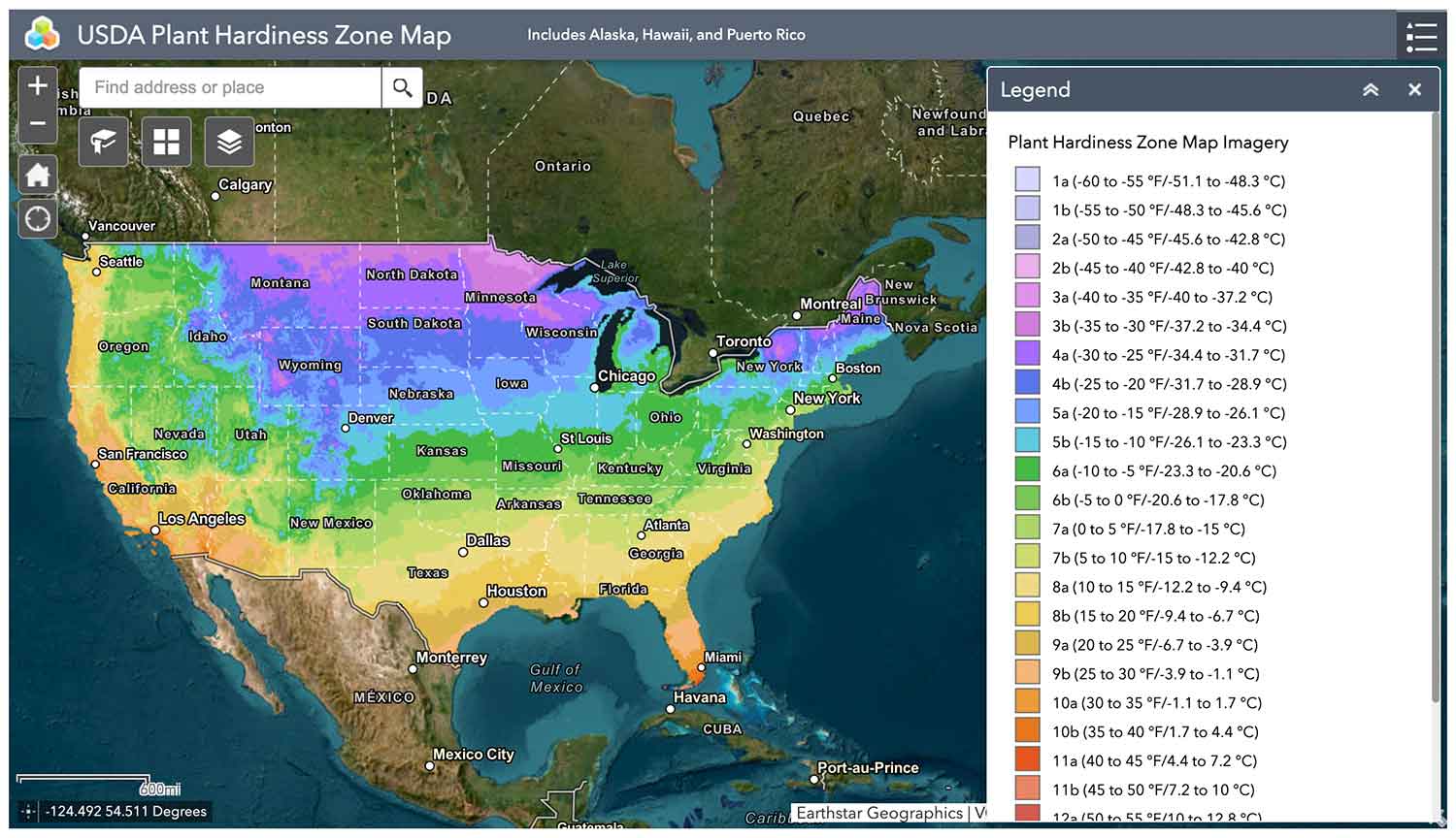 Screenshot of the USDA Plant Hardiness Zone Map's interactive tool.
